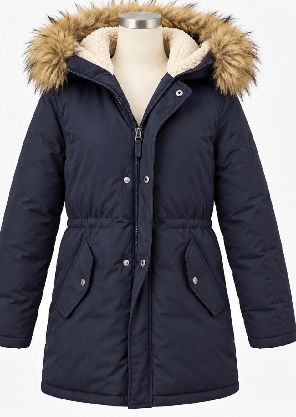 J.Crew Crewcuts Girls 12 Navy Blue Faux Fur Hooded Sherpa Lined Winter Parka Coa